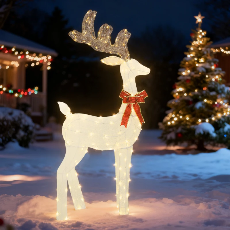 Outsunny Rentier mit roter Schleife, 137 LEDs, Weihnachtsbeleuchtung, wetterfest, 66 x 25 x 135 cm, Silber