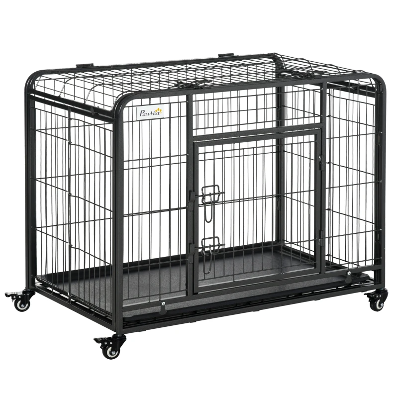 PawHut Kennel per Cani Pieghevole a Doppia Porta con Blocco, 4 Ruote con Freno e Fondo Rimovibile, 94x58x69.5 cm, Grigio