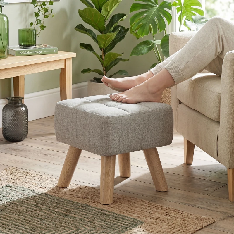 HOMCOM Linen-Look Square Padded Footstool - Light Brown