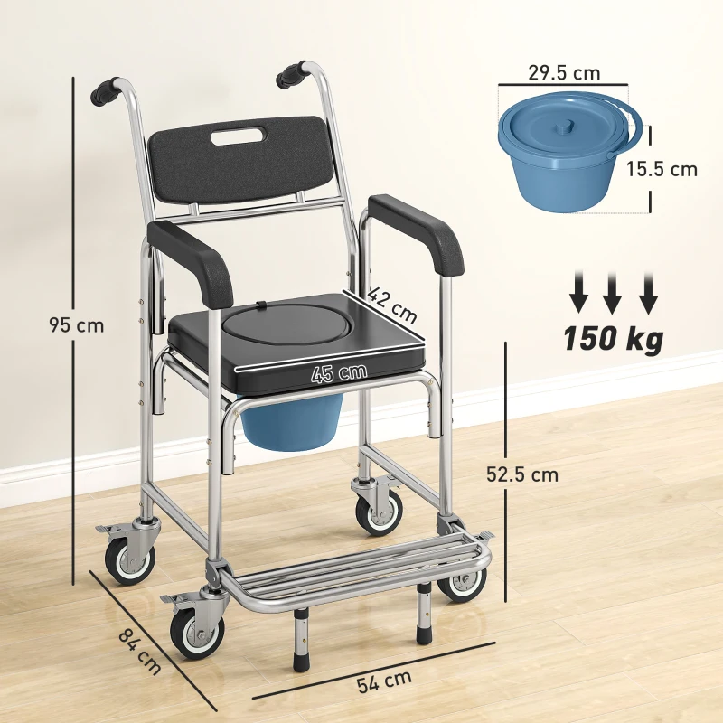 HOMCOM Transport Beside Shower Chair, 3-in-1 Commode Chair with Wheels and Padded Seat, Black