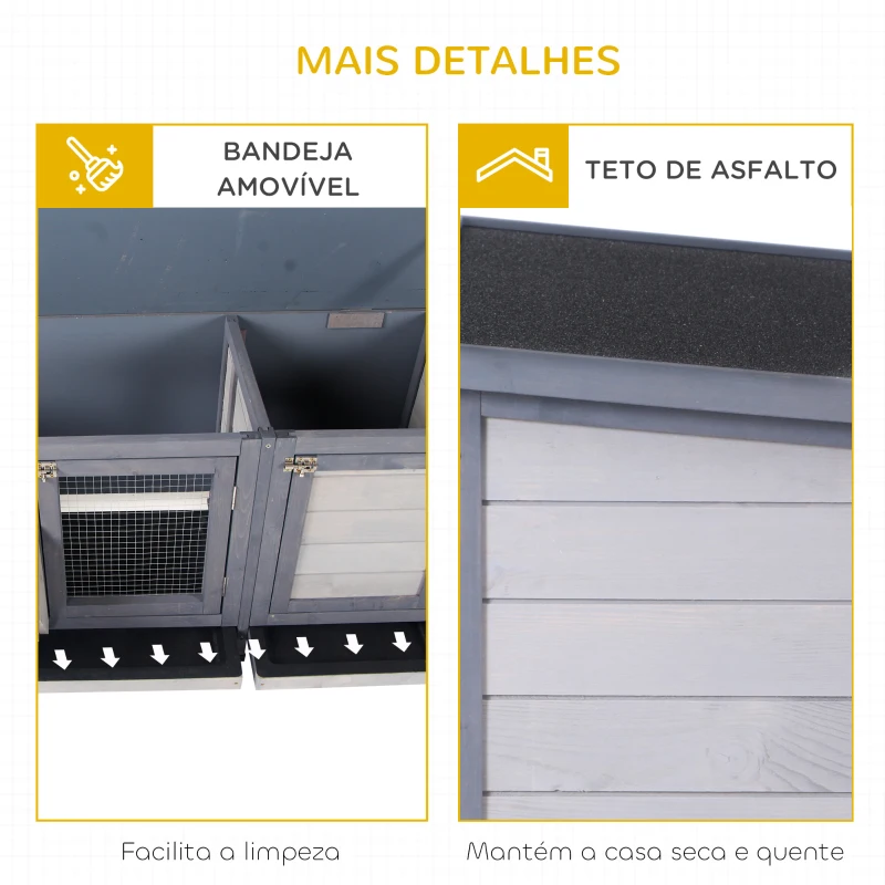 PawHut Coelheira de Madeira Gaiola para Coelhos com Telhado Asfáltico Rebatível Portas com Fecho Bandejas Removíveis 112x50x54 cm Cinzento
