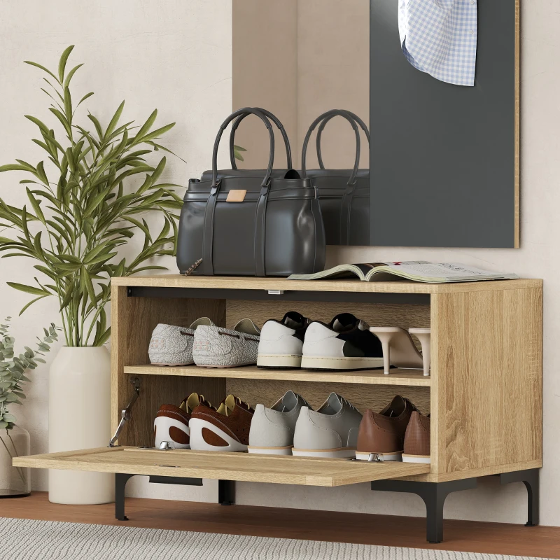 HOMCOM Garderobenset für Eingangsbereich, Schuhbank, Spiegel, 3 Haken, Offenes Regal, Flurmöbel, Naturholz+Grau