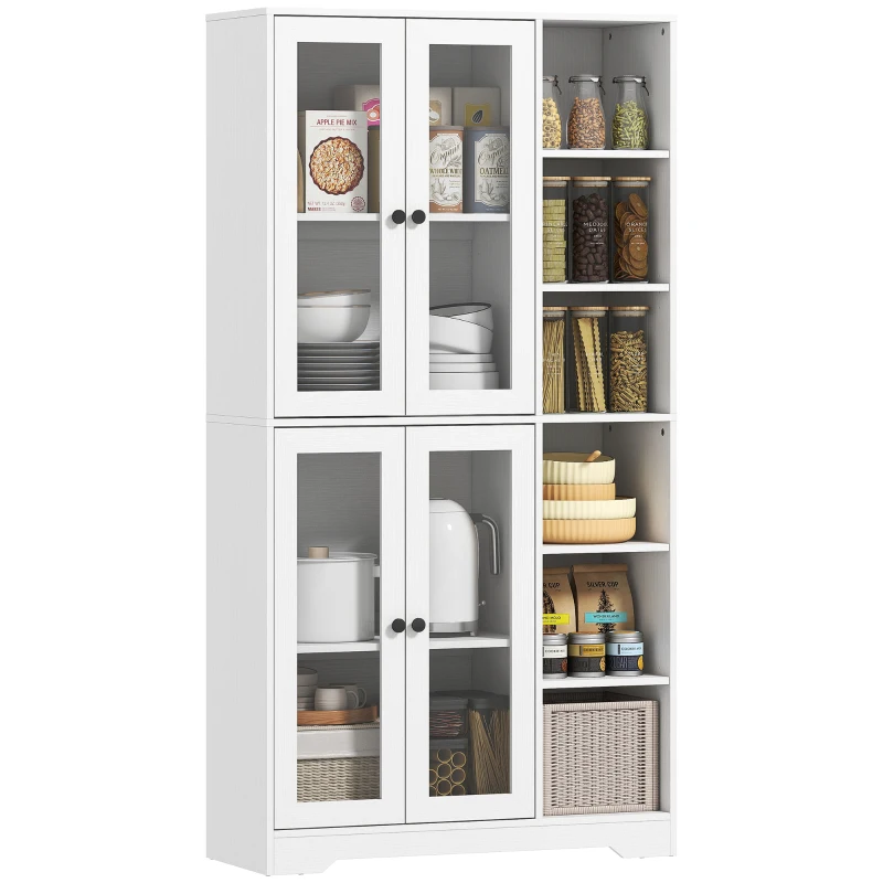 HOMCOM Küchenschrank mit Glastüren, Regale, offene Ablagen, 172 cm groß, MDF, Weiß
