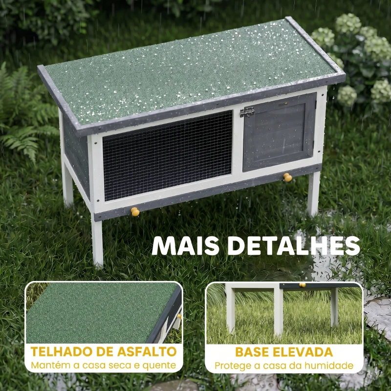 PawHut Coelheira de Madeira para Coelhos Médios com Teto de Asfalto Abatível e Bandeja Removível Porta 90x45x65 cm Cinzento
