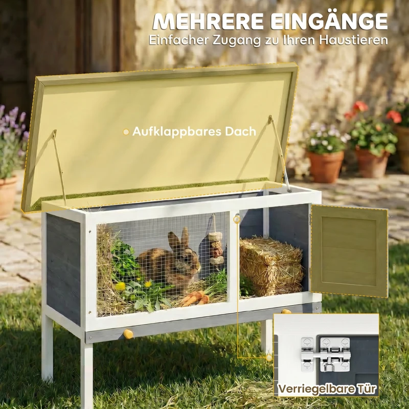 PawHut Hasenstall erhöhter Kaninchenstall aus Holz mit aufklappbar Bitumendach herausziehbarer Schublade 90x45x65 cm Grau