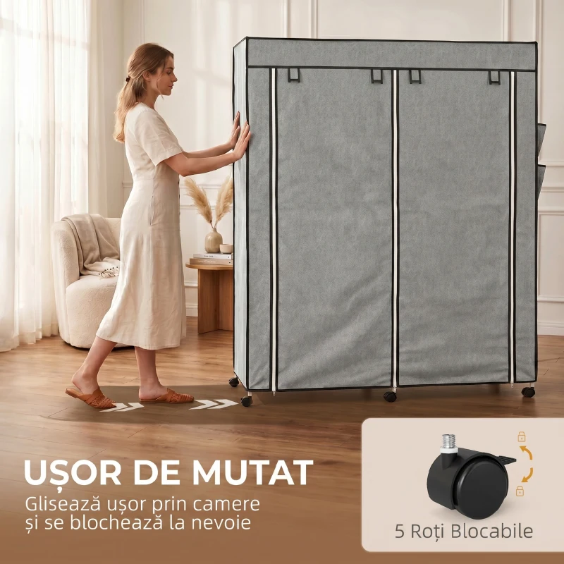 HOMCOM Dulap Textil Portabil in Material Nețesut și Oțel, cu Roți, 10 Compartimente și 2 Bare pentru Umerașe, Gri Închis