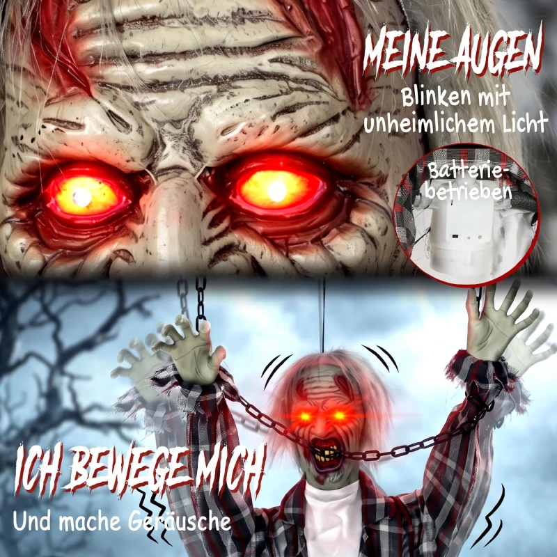 HOMCOM 110 cm animierte hängende Halloween-Deko, schreiender Zombie, Sound- & Berührungsaktivierung, rote LED-Augen