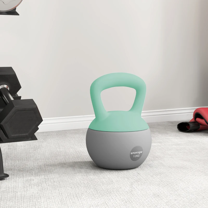 SPORTNOW Pesa Rusa 12 kg Kettlebell Relleno de Arena Metálica Mango Antideslizante para Entreno en Casa 21x21x30 cm Verde y Gris