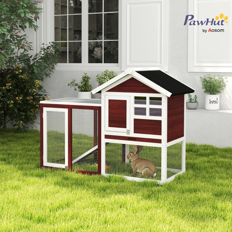 PawHut Cușcă de Exterior din Lemn cu Căsuță pentru Iepuri și Rampă, 122x62.6x92 cm, Maro și Alb(m-10)