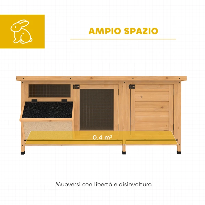 PawHut Conigliera in Legno da Esterno con Tetto in Asfalto, Casetta, Vassoi e Mangiatoia, 112x50x54 cm, Giallo