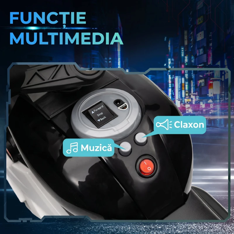 HOMCOM Motocicletă Electrică pentru Copii 3-5 Ani, max. 25 kg, 3 Roți, Lumini și Sunete, Baterie 6V, Negru, 86x42x52 cm