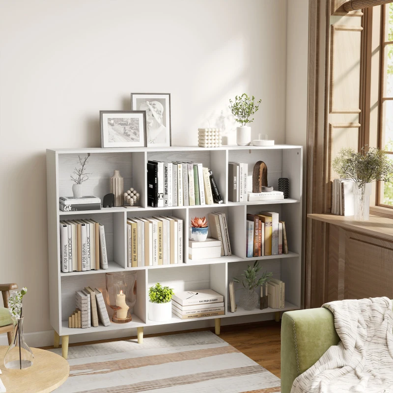 HOMCOM Bibliotecă cu 10 Cuburi, 3 Polițe, Picioare din Lemn Masiv, Alb cu Efect de Lemn, Albă