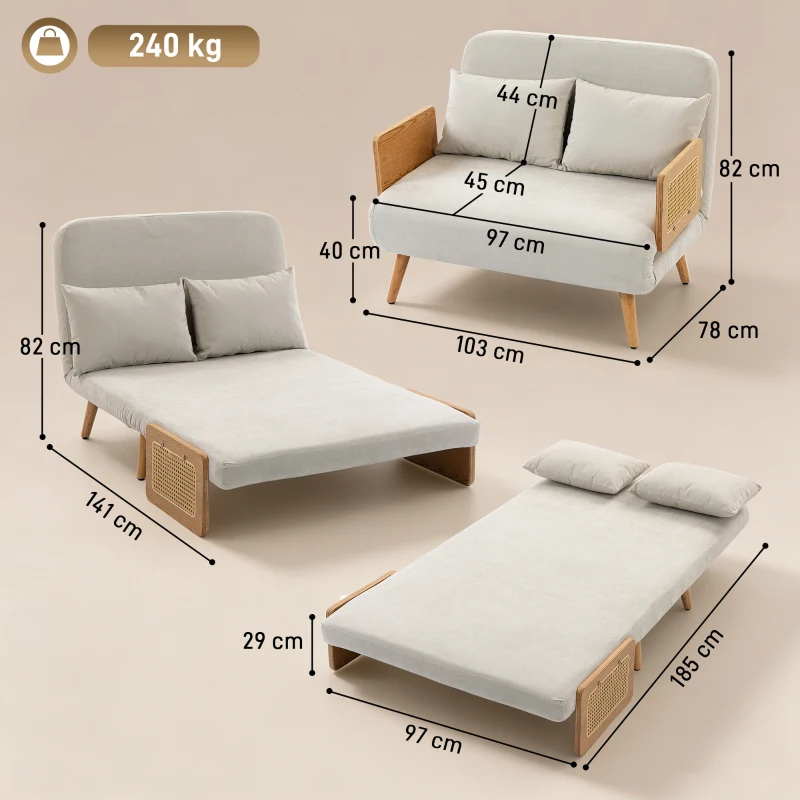 HOMCOM Canapé Convertible 2 Places, Canapé-Lit 3 en 1 Chenille 103cm, Dossier Réglable, 2 Oreillers, Accoudoirs en Bois, Crème