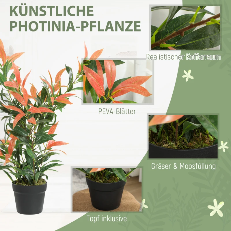 HOMCOM Künstliche Glanzmispel 90 cm Kunstpflanze mit 300 Blättern, anpassbaren Zweigen, 45 x 45 x 90 cm, Rot+Grün
