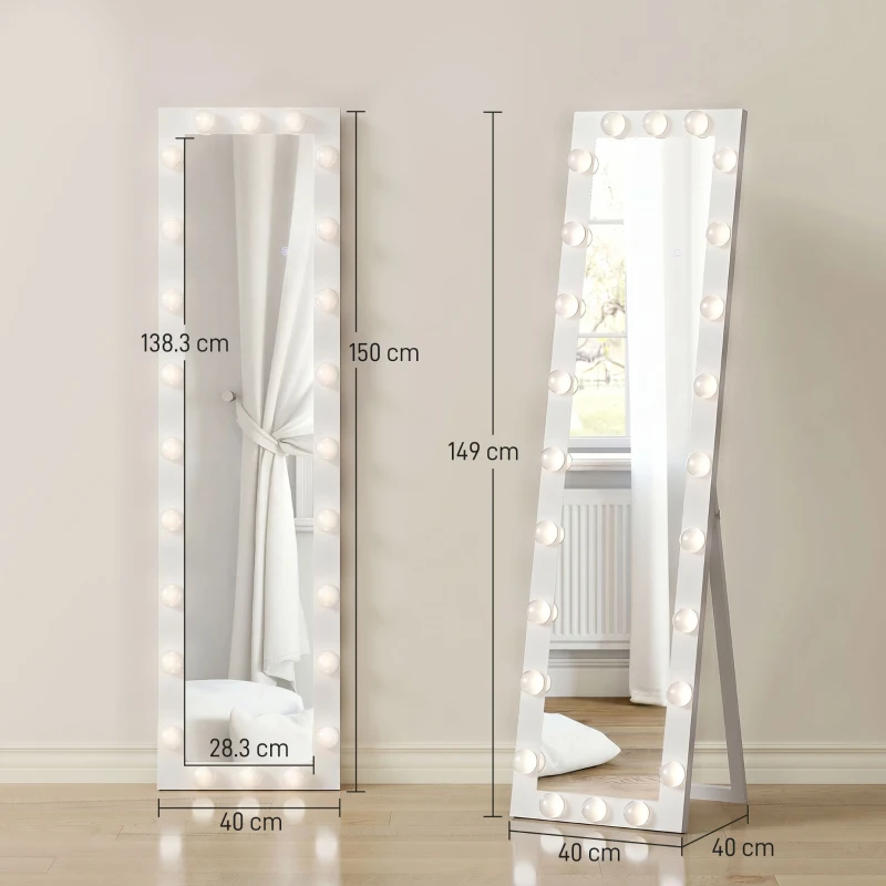 HOMCOM Ganzkörperspiegel 150x40 cm LED Spiegel mit 24 Glühbirnen 3 Lichtfarbe, freistehend oder anlehnbar Weiß