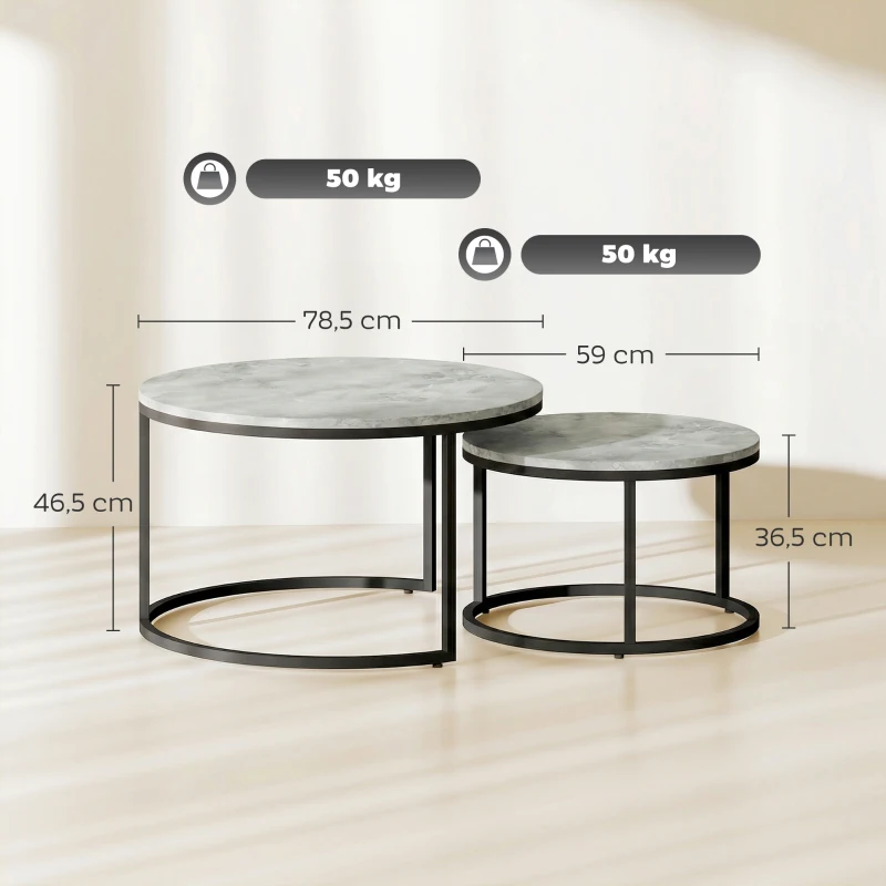 HOMCOM Modernes Kaffeetisch 2er-Set, Stapelbare Beistelltische mit Metallgestell für Wohnzimmer, Schlafzimmer, Büro, Grau