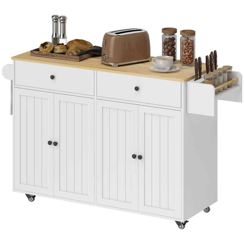 HOMCOM Rollbare Kücheninsel, 2 Schubladen, 2 Schränke, verschiebbar, Gewürzregal, Handtuchhalter, Messerhalter, MDF, Weiß