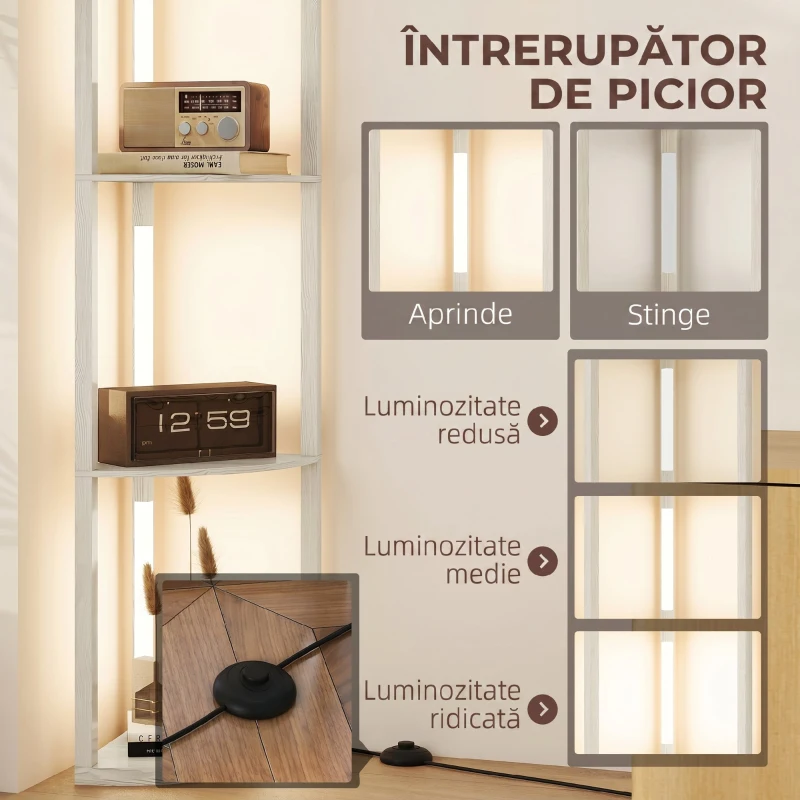 HOMCOM Lampadar Podea LED, 4 Rafturi, Lumină Reglabilă 3000K, MDF, 41x29,5x163,5 cm, Stejar