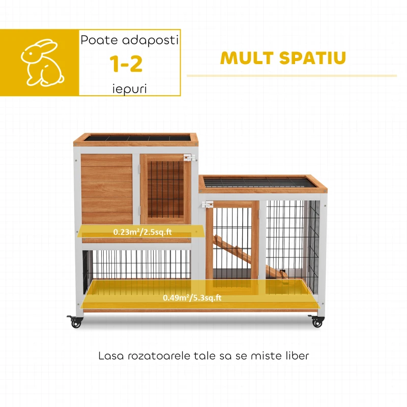PawHut Cușcă pentru Iepuri din Lemn de Brad cu Roți, Tăvi Detașabile și Căsuță cu Rampă, 110x50x88 cm, Gri și Alb