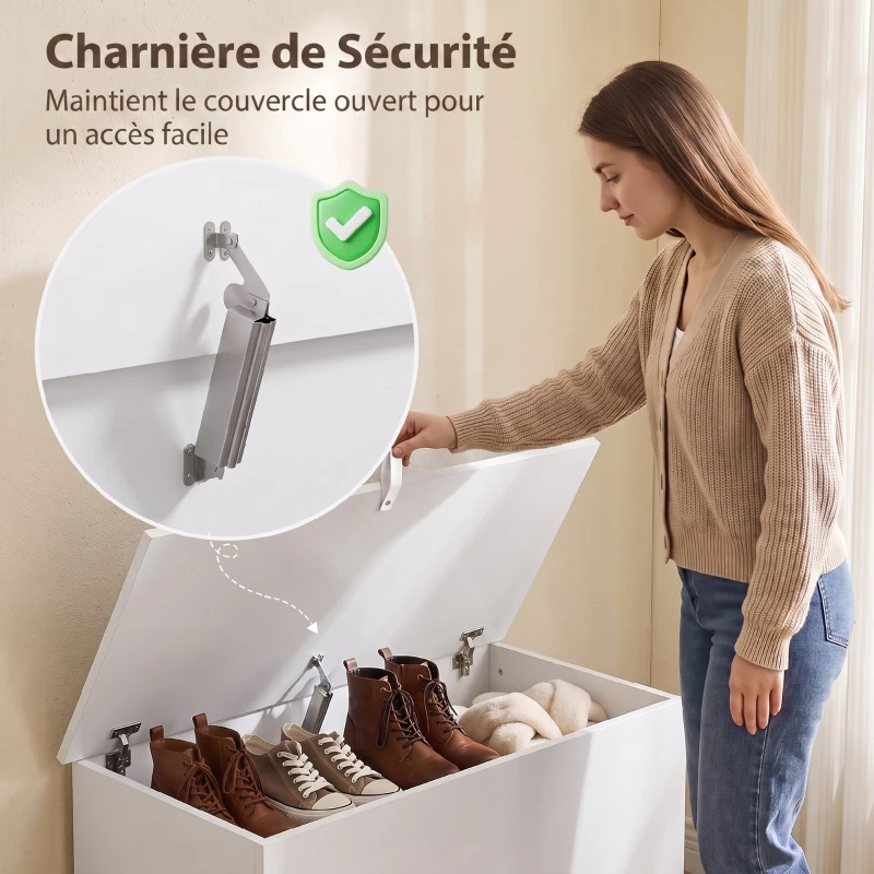 HOMCOM Coffre de Rangement, Banc de Rangement avec Couvercle Rabattable et Charnières de Sécurité, 80 x 40 x 45 cm, Blanc