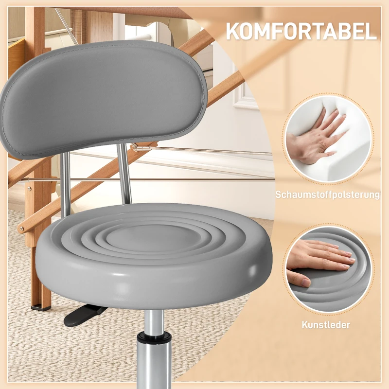HOMCOM Rollhocker, Drehbarer und verstellbarer Hocker mit Rückenlehne, Kunstlederbezug, Fußstütze, für Frisiertische, Grau