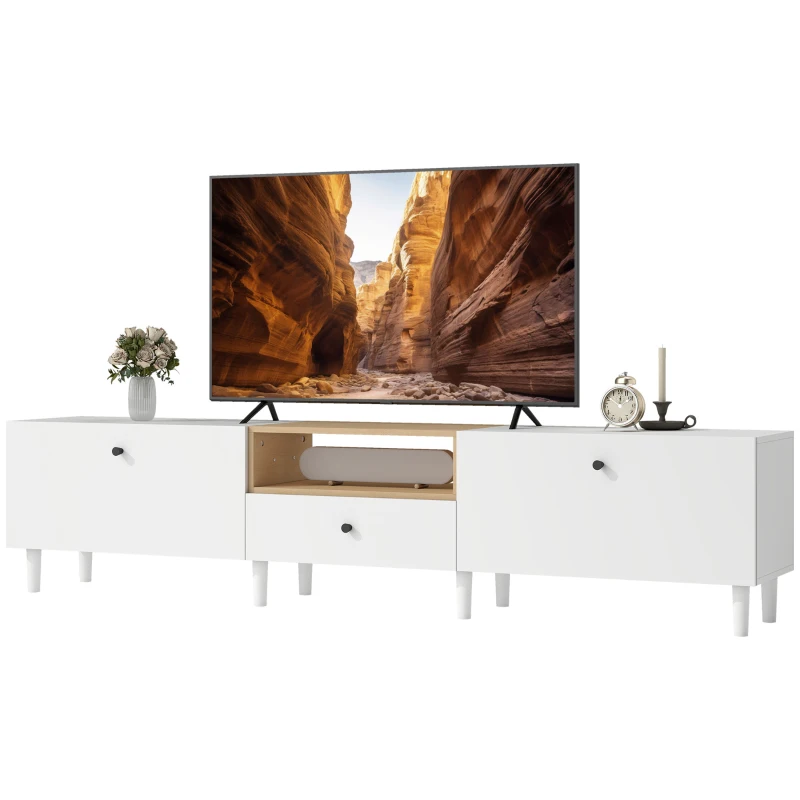 HOMCOM 200 cm TV-Kommode für Fernseher bis zu 90 Zoll, 2 Klappenfächer, offenes Fach, Schublade, 8 Beine, Spanplatte, Weiß