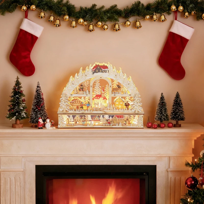 HOMCOM Weihnachtsdorf mit LED-Leuchtung, 45 cm Weihnachtsstadt mit Schneemann, Renntier und Bäume Naturholz