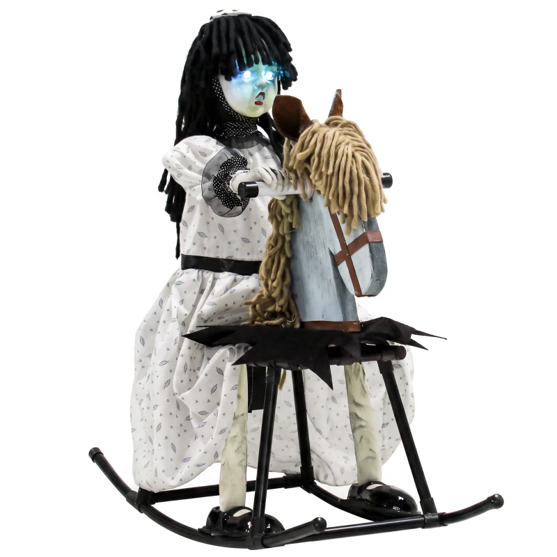 HOMCOM Animiertes Halloween-Mädchen auf Schaukelpferd mit gruseligen Reimen, leuchtenden Augen und Sound-/Touch-Aktivierung