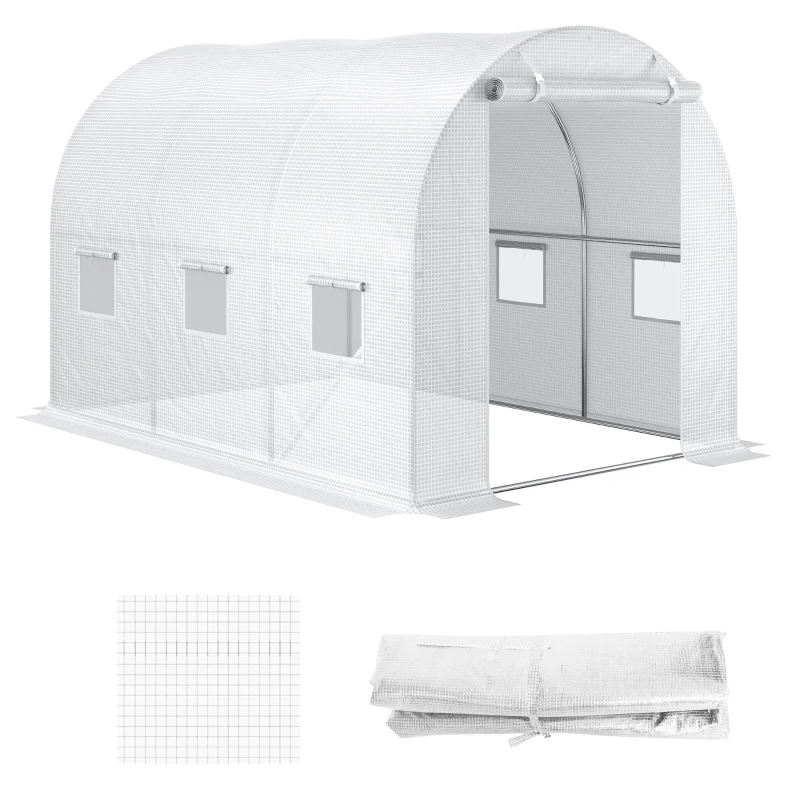 Outsunny Folie Sere din PE cu 6 Ferestre, Ușă Rulantă și Margini Îngropate, 3x2x2 m, Alb