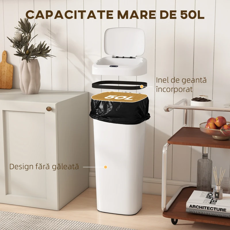 HOMCOM Coș de gunoi cu senzor infraroșu, 50L, 2 moduri de deschidere, suprafață antiamprentă, alb