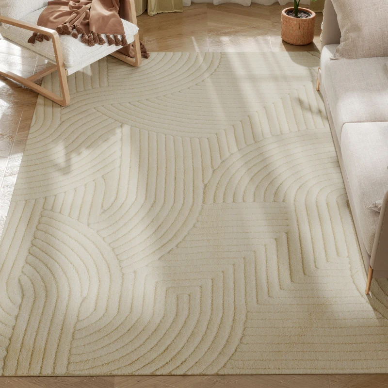 HOMCOM Covor Modern Antiderapant din Poliester și Bumbac cu Design Liniar, pentru Living, Dormitor, Crem