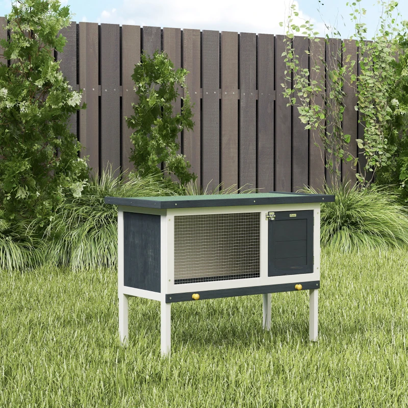 PawHut Clapier sur pied cage à lapin avec niche intérieur toit ouvrant porte verrouillable 90 x 45 x 65 cm gris foncé blanc