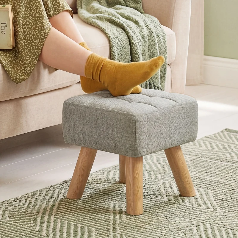HOMCOM Linen-Look Square Padded Footstool - Light Brown