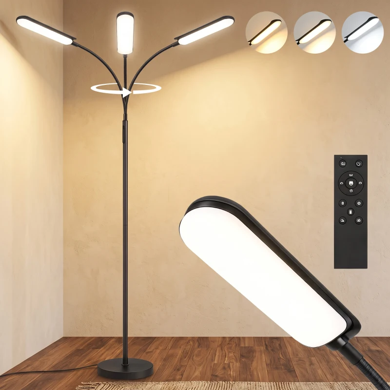 HOMCOM LED Floor Lamp, Standing Lamp with Remote & Touch Control, Stepless Dimmable Colours Temperature & Brightness, 360° Adjustable Gooseneck, 1 Hour Timer, Memory Function for Living Room, Black