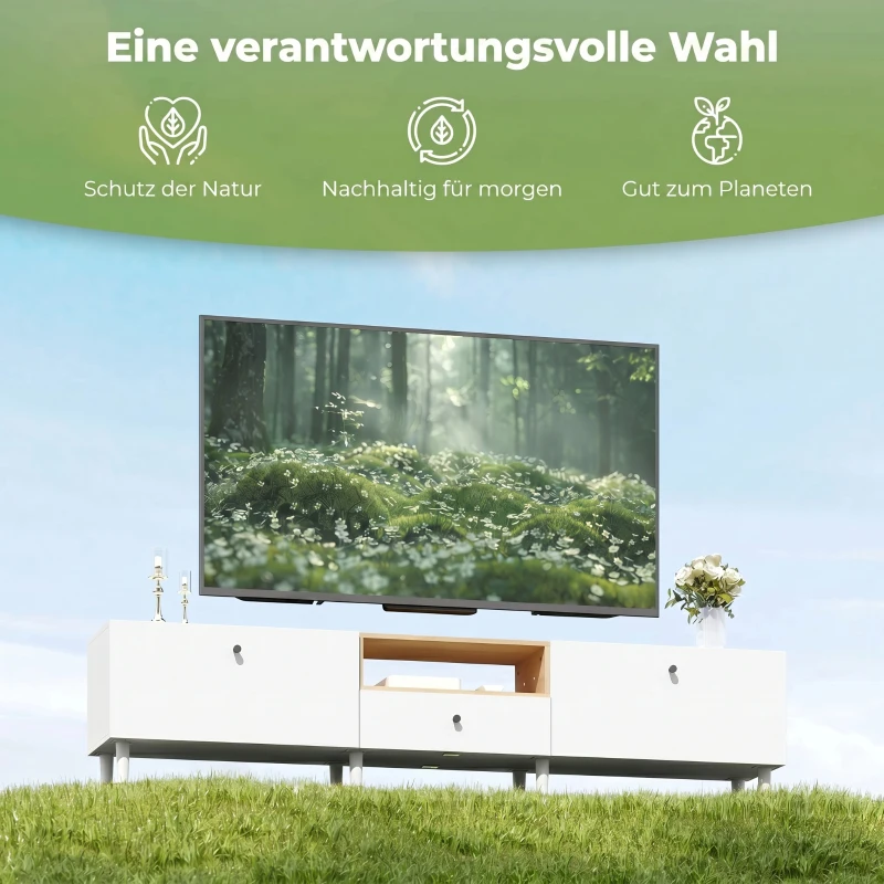 HOMCOM 200 cm TV-Kommode für Fernseher bis zu 90 Zoll, 2 Klappenfächer, offenes Fach, Schublade, 8 Beine, Spanplatte, Weiß