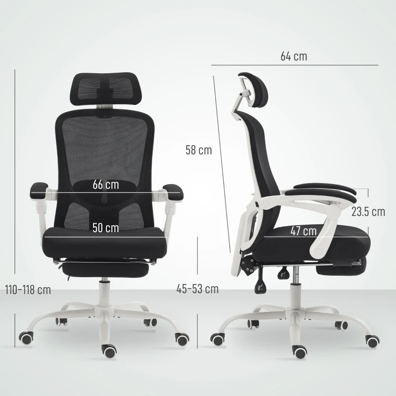 HOMCOM Scaun de Birou Rabatabil 135°, cu Suport pentru Picioare, Suport Lombar, Tetieră, Înălțime Reglabilă, din Plasă, Negru