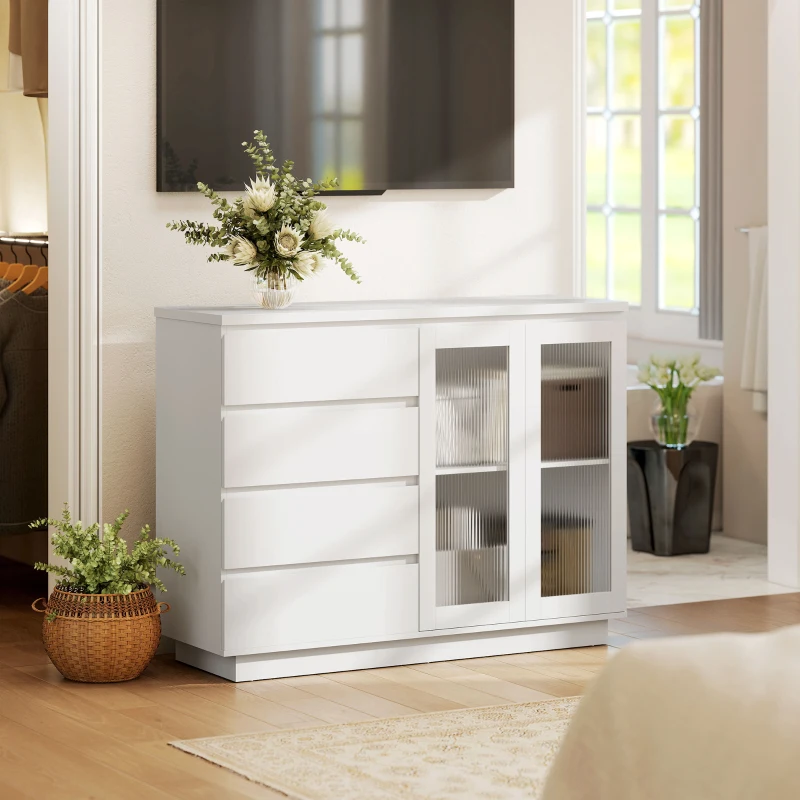 HOMCOM Buffetschrank, Sideboard mit 4 Schubladen, 2 Glastüren, modernes Design, MDF, Weiß