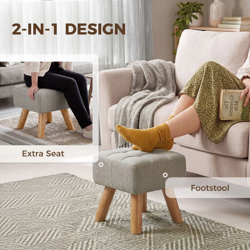 HOMCOM Linen-Look Square Padded Footstool - Light Brown