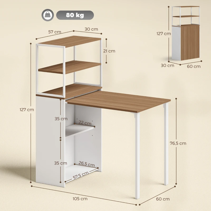 HOMCOM Schreibtisch Klappbar Küchentisch mit 4 Regal Computertisch Arbeitstisch Laptoptisch 105 x 60 x 127 cm Naturholz