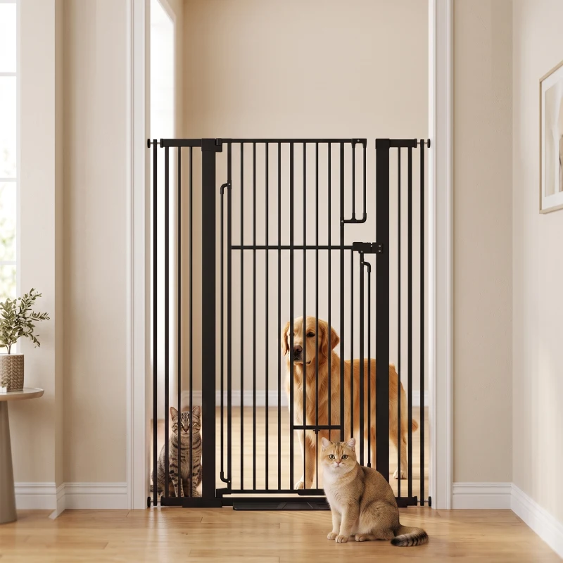 PawHut 135cm Extra Tall Dog Gate with Cat Door, Fits Openings 81-108 cm Pressure Mounted for Doorways, Hallways, No Drilling