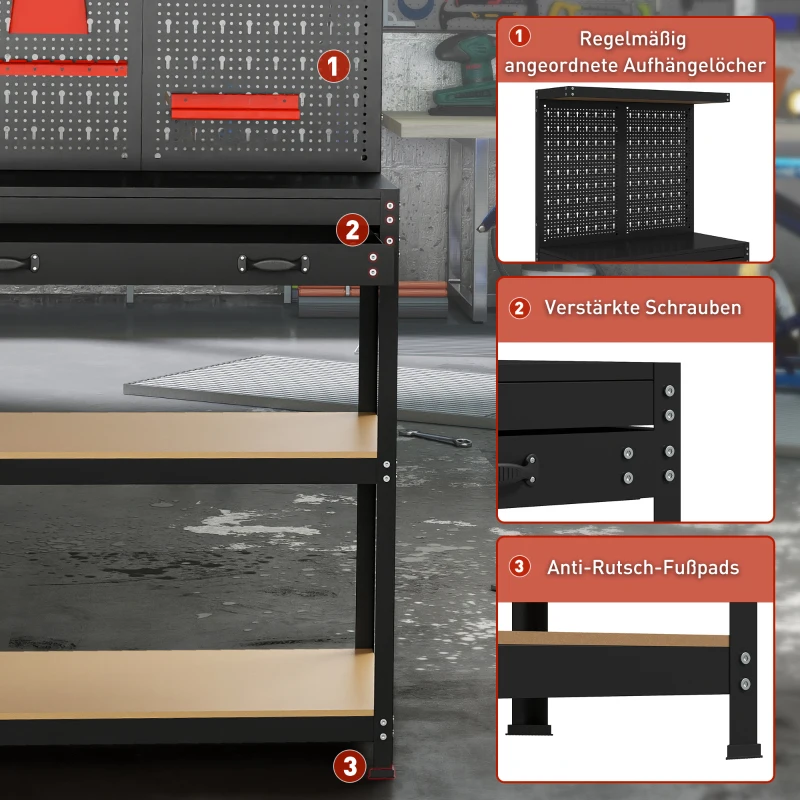 HOMCOM Werkbank 80 x 40,5 x 155 cm Werkzeugbank mit Lochwand, Haken,  Schublade, 2 Ablagen für Werkstatt Schwarz