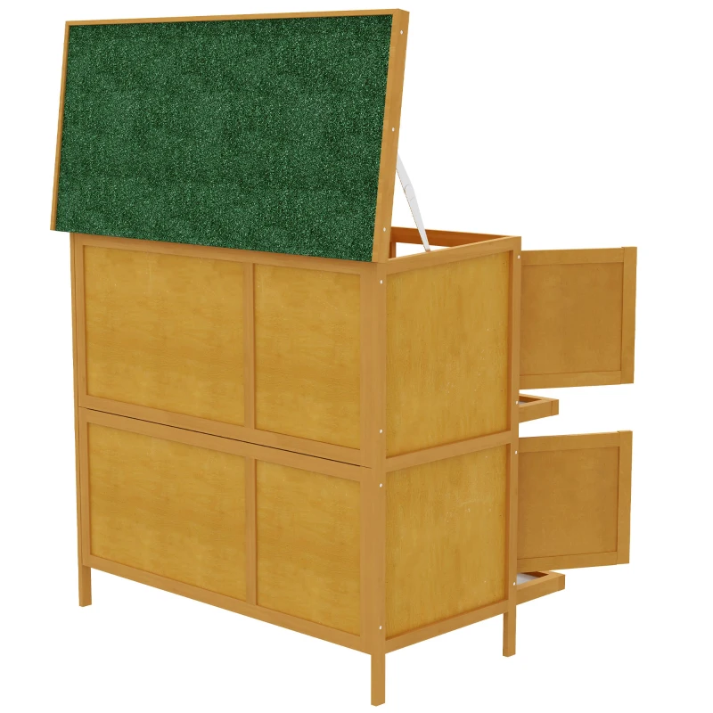 PawHut Conigliera a 2 Livelli in Legno di Abete e Bitume con Rampa, 2 Vassoi Estraibili 4 Porte, 97x44x91 cm, Giallo
