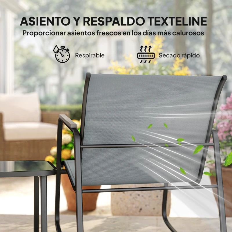 Outsunny Conjunto de Jardín de 3 Piezas con 2 Sillas Mecedoras Mesa con Encimera de Vidrio y Estructura de Acero para Patio Gris