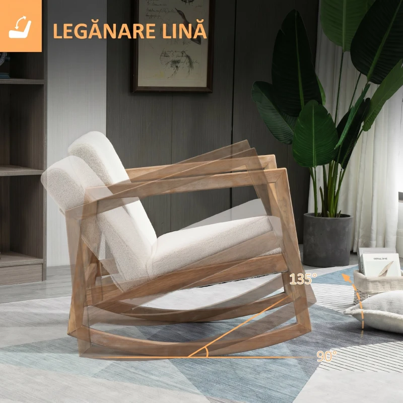 HOMCOM Scaun Balansoar cu Pernuțe pentru Scaun și Spătar, din Lemn, Pluș și Spumă, 60x76x77 cm, Crem