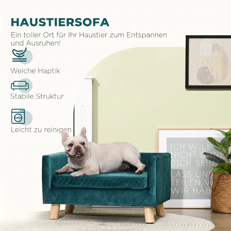PawHut Hundesofa Hundebett Hundecouch aus Samt mit Rückenlehne, Holzbeine, Kissen, bis zu 8 kg 64 x 45 x 36 cm Blau