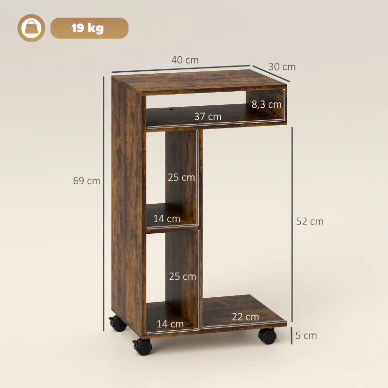 HOMCOM Beistelltisch, C-förmiger Servierwagen, 4 Rollen, 3 Fächer, 40 x 30 x 69 cm, Rustikal-Braun