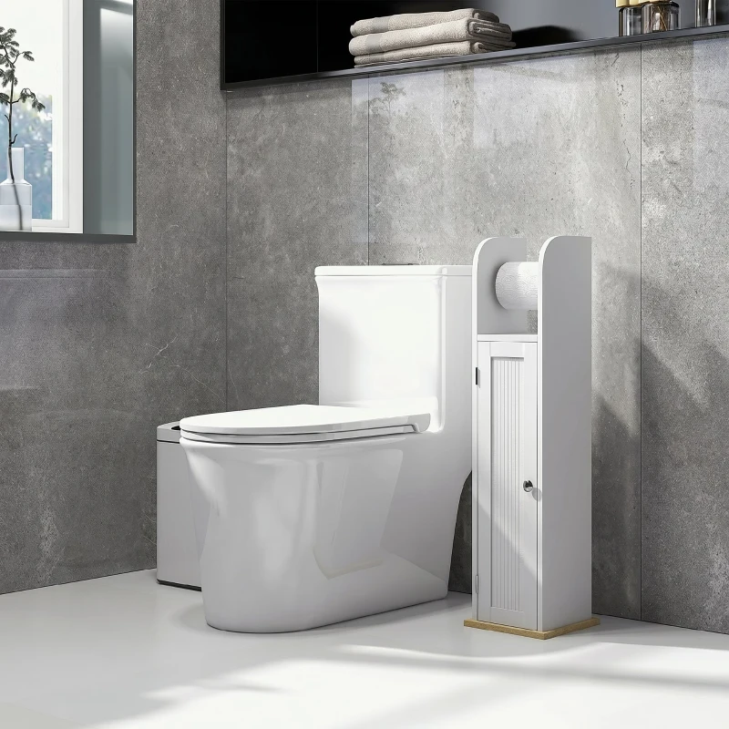 kleankin Dulap Baie Slim cu Suport Hârtie Igienică pentru Spălătorie, Modern, Rafturi Reglabile, MDF, Alb