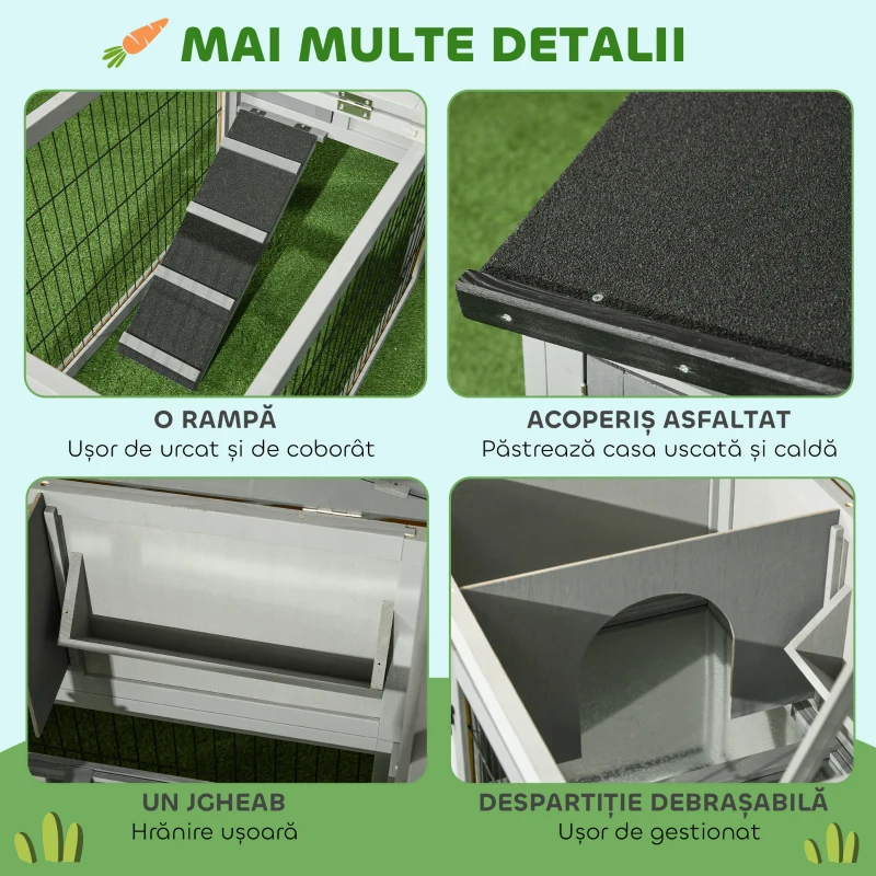 PawHut Cușcă de Exterior cu Rampă, Acoperiș Rabatabil și Tăviță, din Lemn de Brad, 150x52x68 cm, Gri Deschis