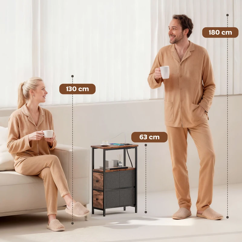 HOMCOM Couchtisch Beistelltisch mit Ladestation, Stahlrahmen, 2 Stoffschublade, offen Fach, 20cm x 40cm x 63cm, Rustikal-Braun