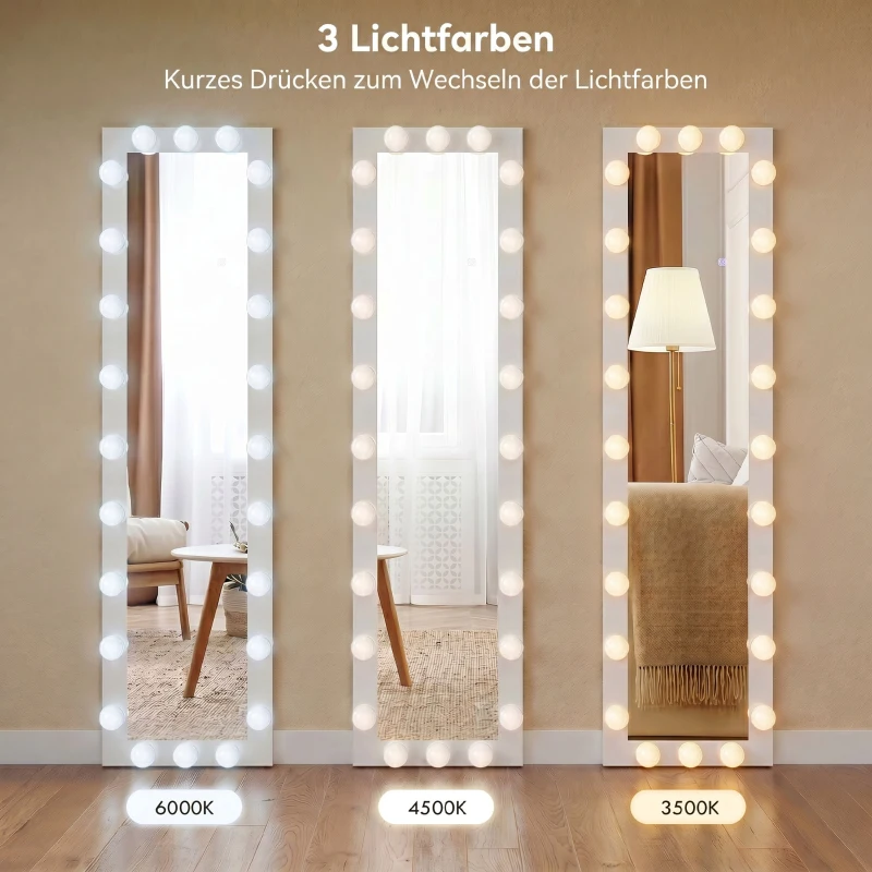 HOMCOM Ganzkörperspiegel 150x40 cm LED Spiegel mit 24 Glühbirnen 3 Lichtfarbe, freistehend oder anlehnbar Weiß